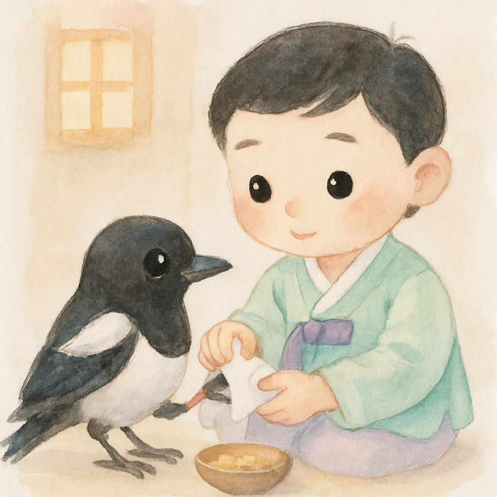 소년이 집에서 까치를 돌보는 장면